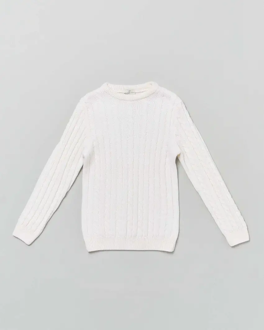 Maglia panna girocollo in pura lana merino con lavorazione a trecce