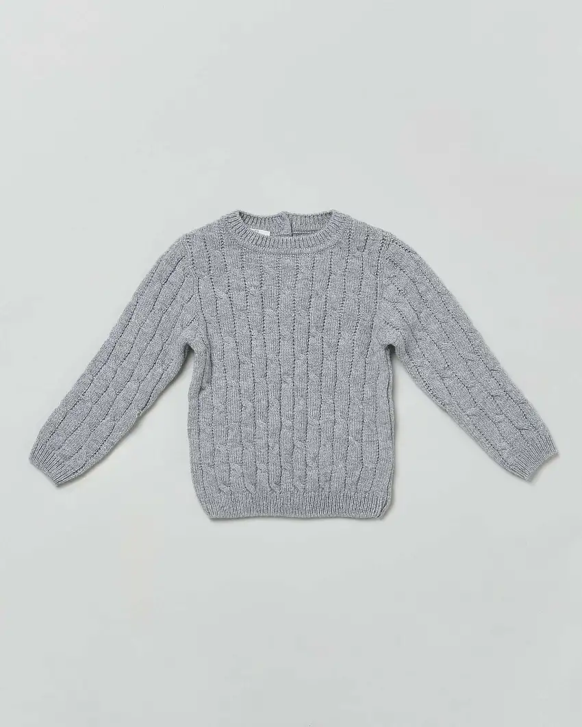 Maglia grigio girocollo in pura lana a trecce