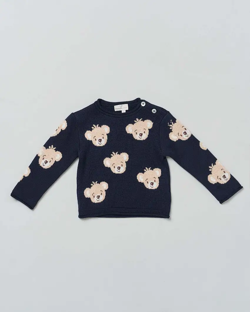 Maglia blu girocollo in lana con orsetti jacquard