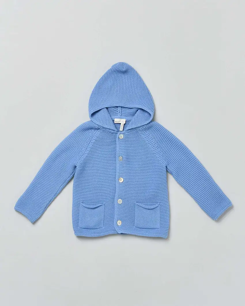 Cardigan tricot azzurro in puro cotone con cappuccio