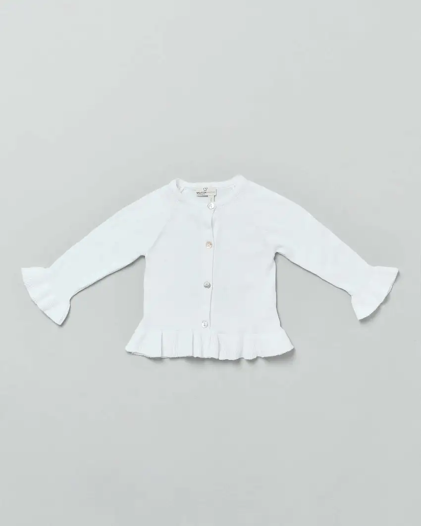 Cardigan bianco girocollo in puro cotone con balza e volant sulle maniche