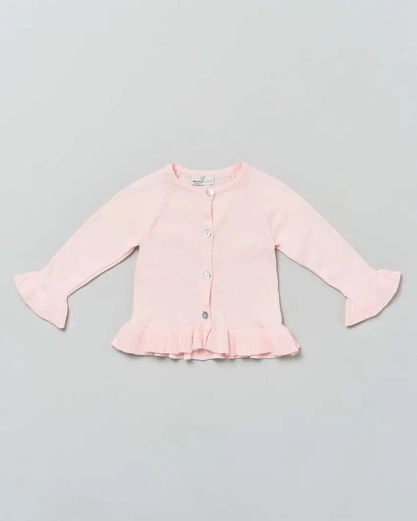 Cardigan rosa girocollo in puro cotone con balza e volant sulle maniche