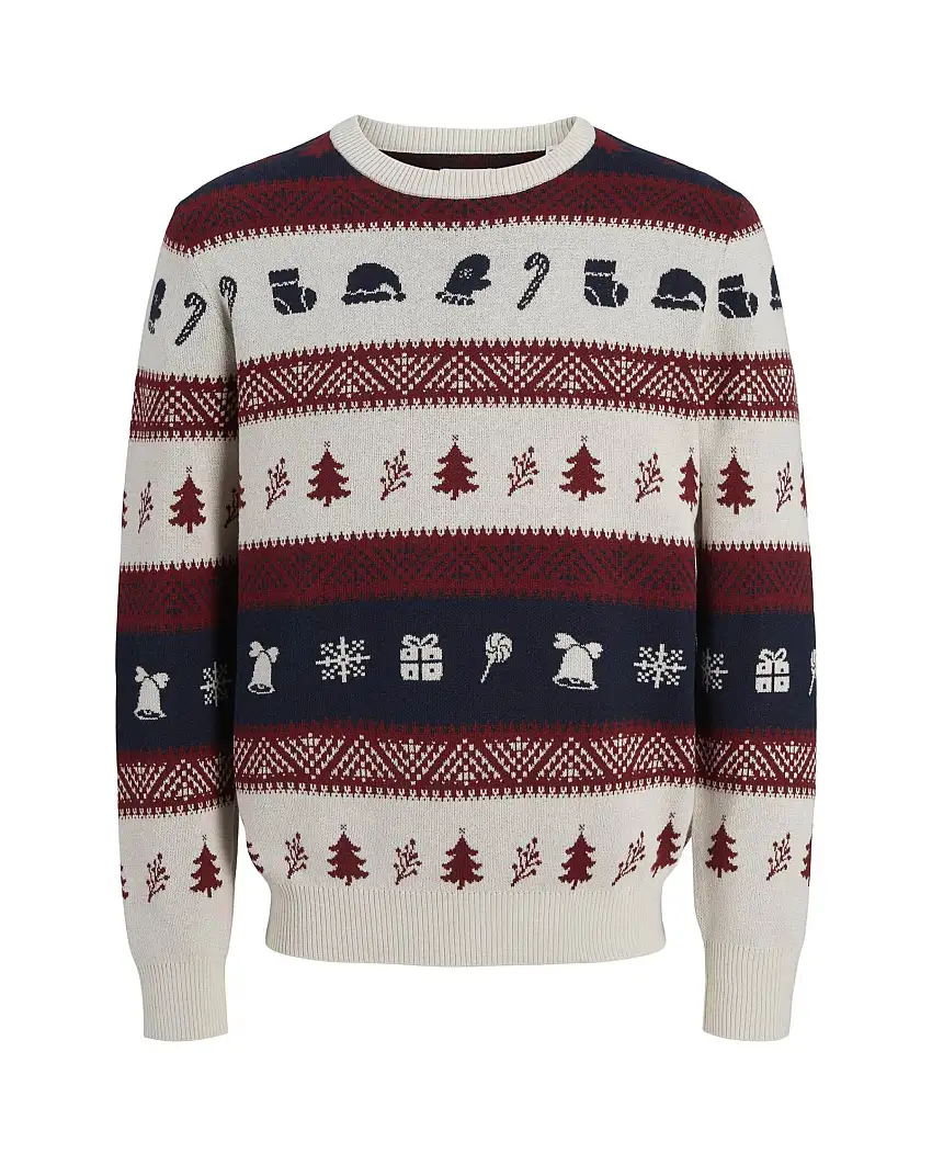 Maglione girocollo bianco blu e bordeaux in cotone a motivo natalizio