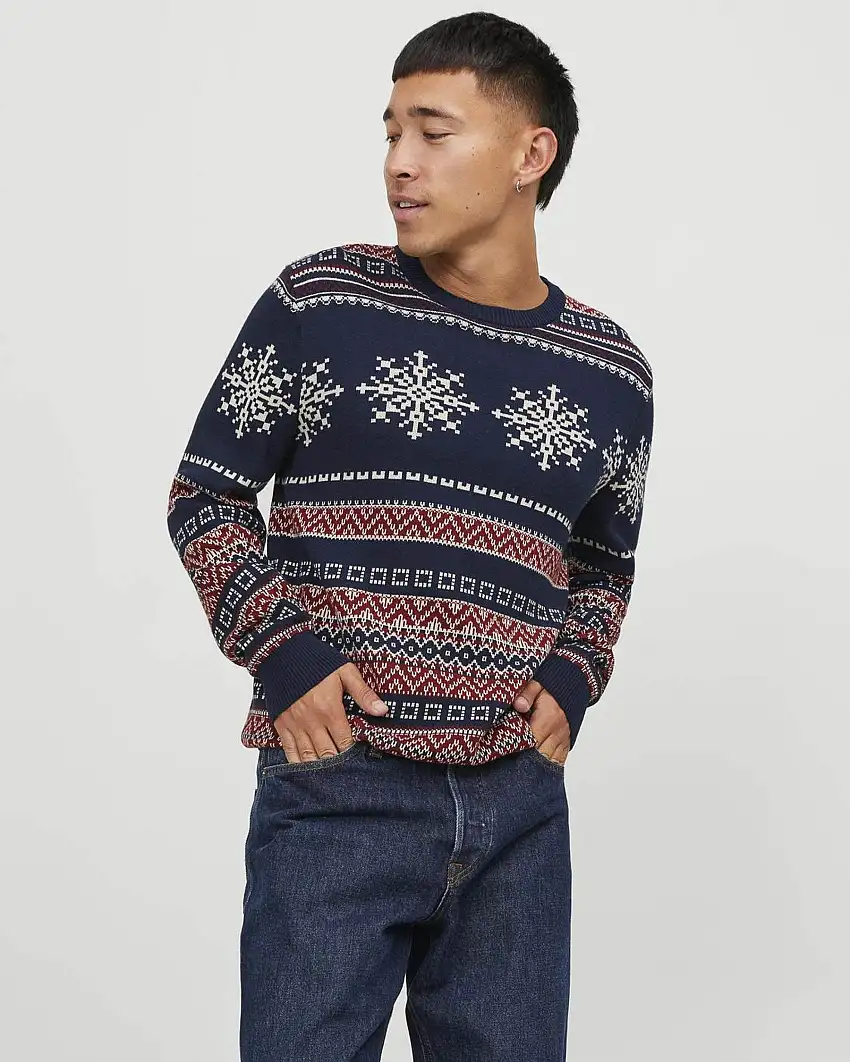 Maglia girocollo blu bianca e bordeax in cotone a motivo natalizio