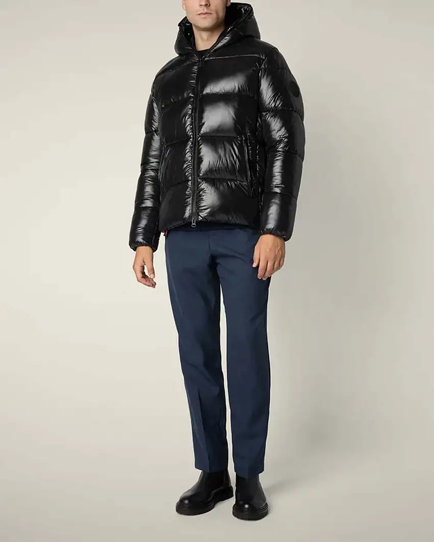 Piumino Save the duck nero lucido imbottito in Plumtech® con cappuccio e logo bollo nero