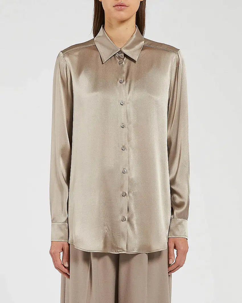 Camicia color tortora in raso di misto seta con colletto classico Linea MONOCHROME