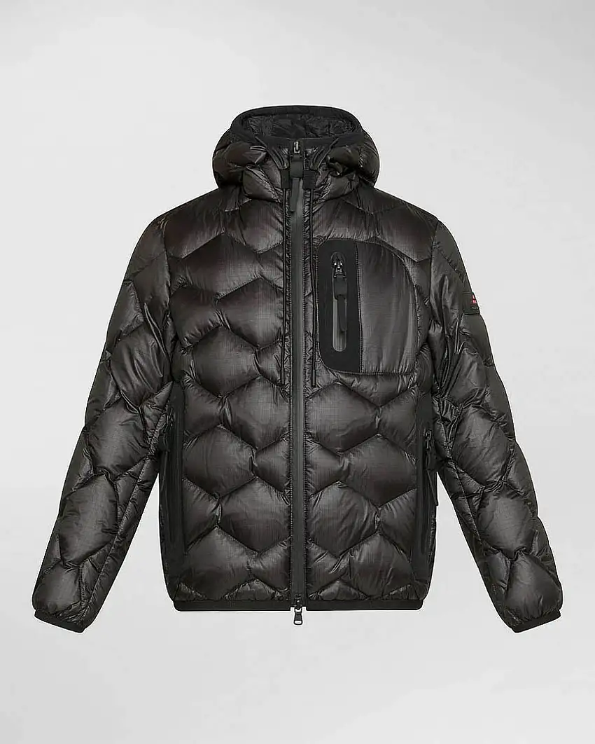 Piumino Peuterey nero in nylon ripstop con cappuccio e trapuntatura geometrica imbottita in piuma