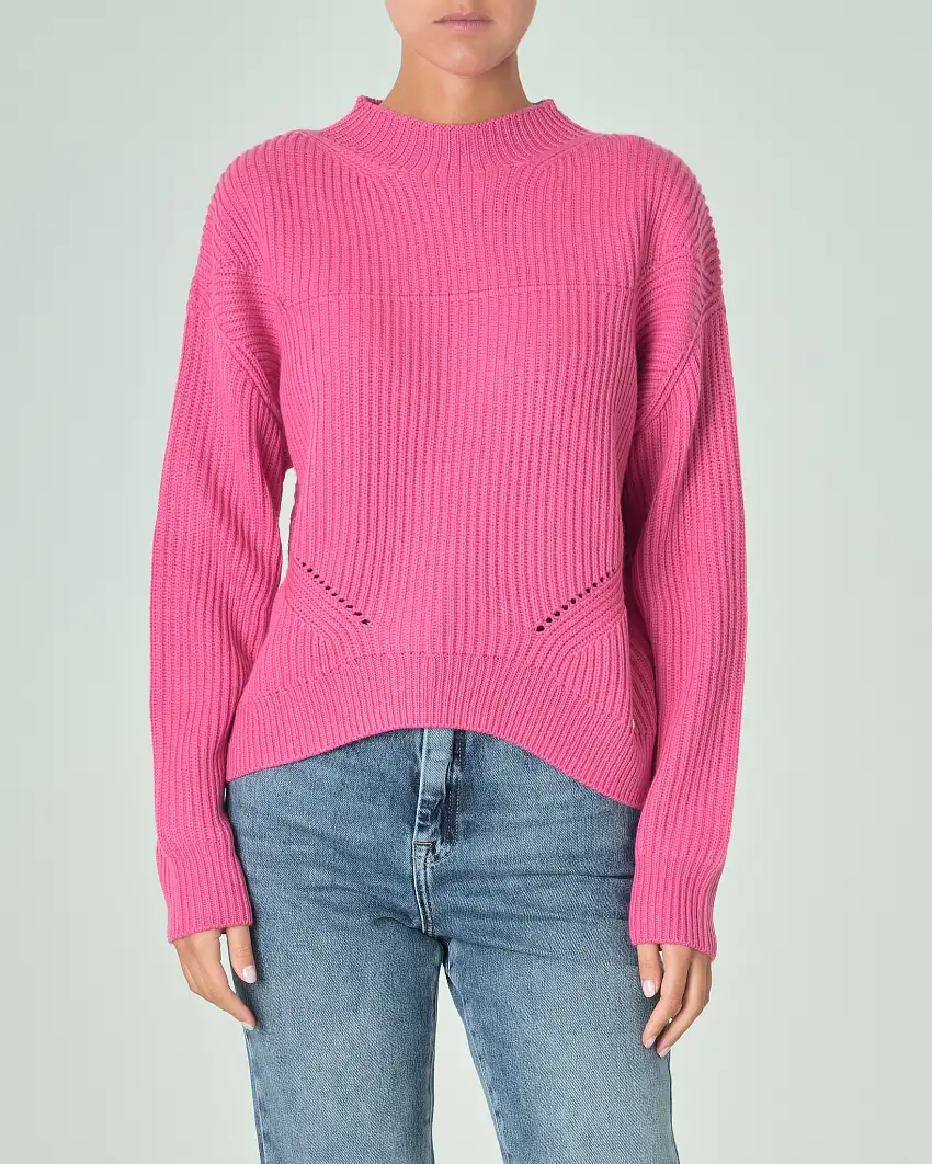Maglia fucsia in misto lana a coste con motivo traforato lungo i fianchi