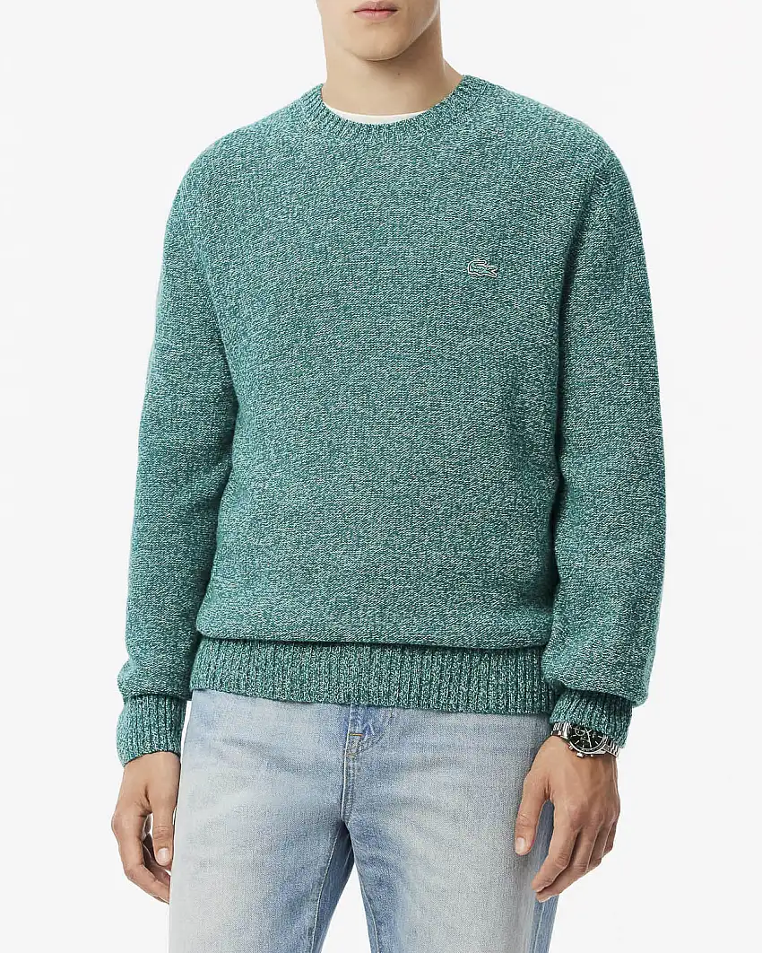 Maglia verde melange girocollo in lambswool di pura lana