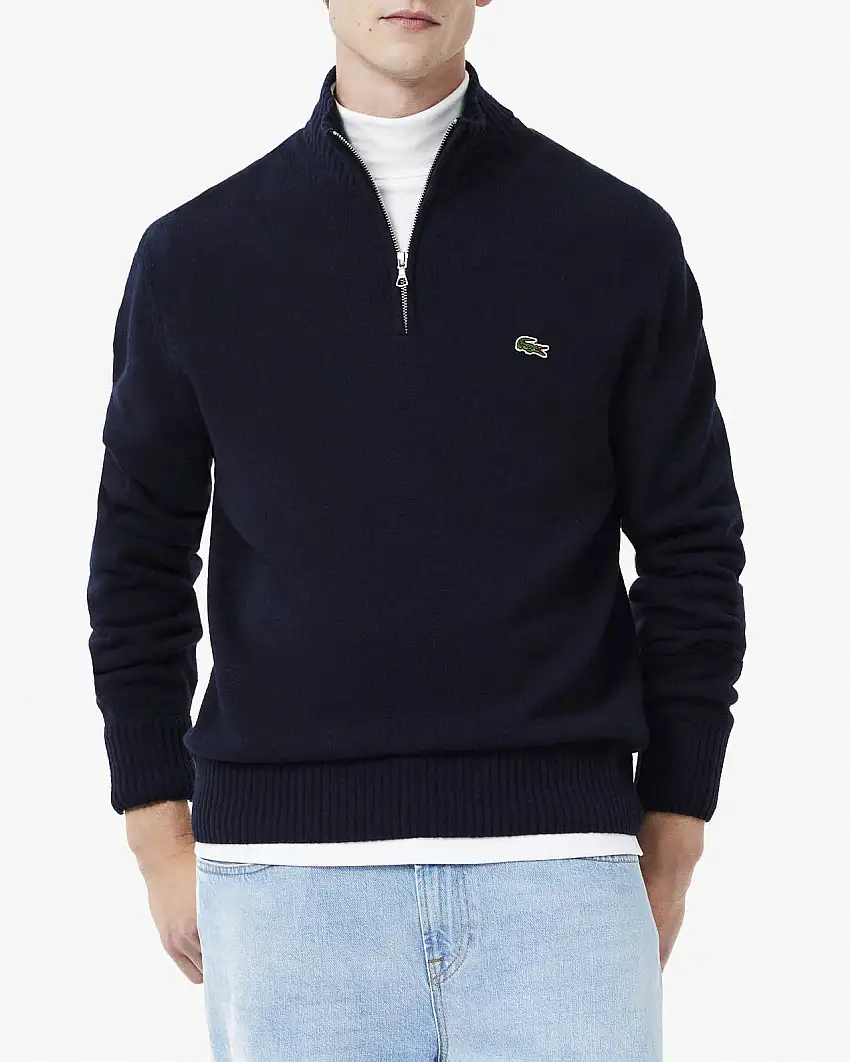 Maglia Lacoste blu in lambswool di pura lana a collo alto e apertura a mezza zip