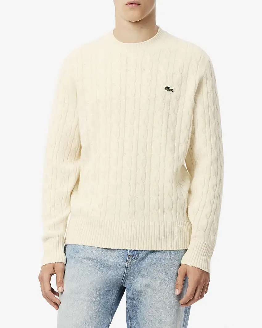 Maglia girocollo Lacoste color panna in lambswool di pura lana lavorata a trecce