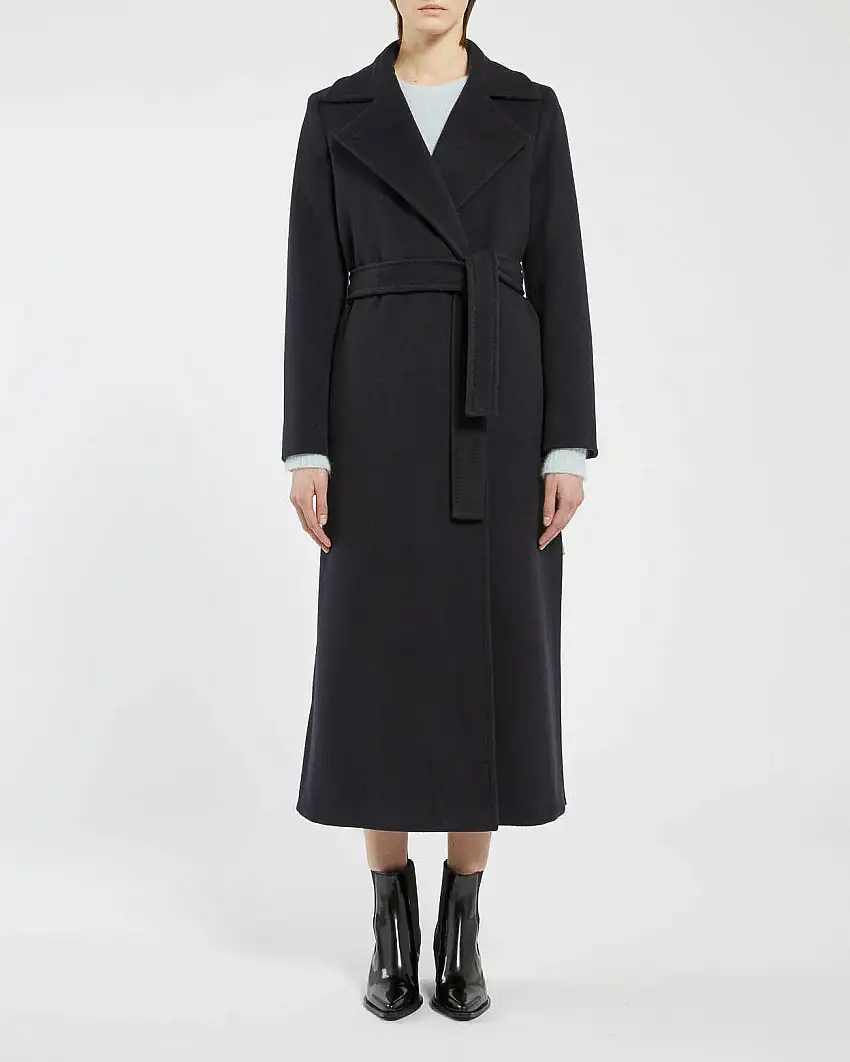 Cappotto lungo nero in panno di pura lana vergine con spacchi laterali e cintura in vita