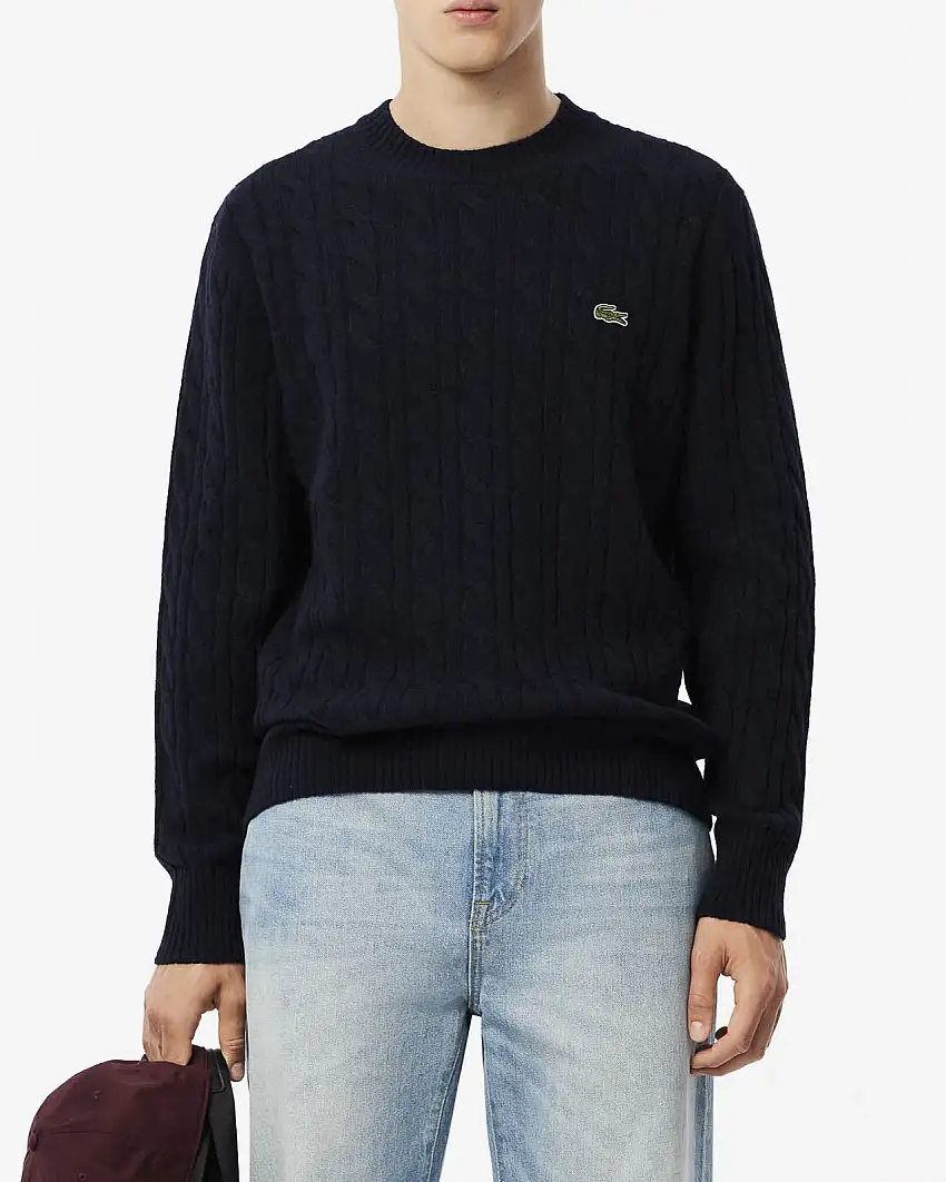 Maglia girocollo Lacoste blu in lambswool di pura lana lavorata a trecce