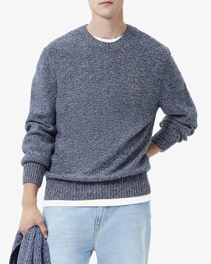 Maglia blu melange girocollo in lambswool di pura lana