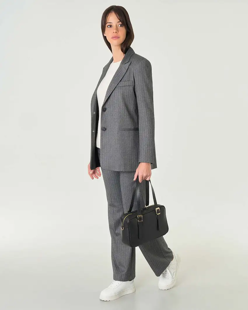 Blazer grigio gessato a fantasia spinata con scollo a rever