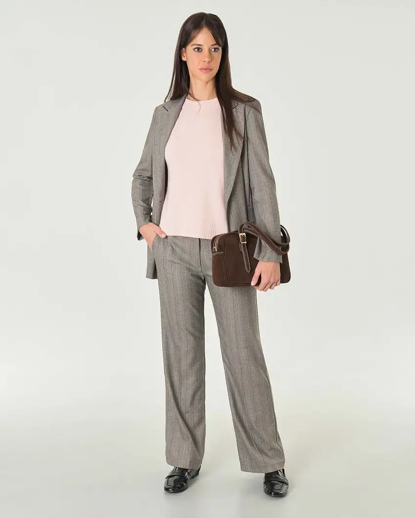 Pantaloni straight in misto viscosa a micro fantasia spigata marrone e cammello