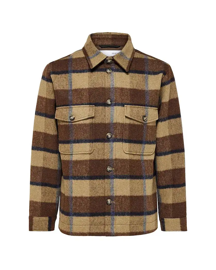 Overshirt a quadri beige e marroni in misto lana con tasche applicate sul petto