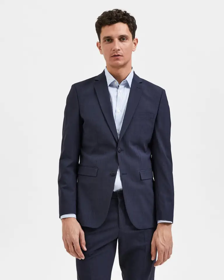 Blazer blu in tela di misto lana stretch con chiusura monopetto