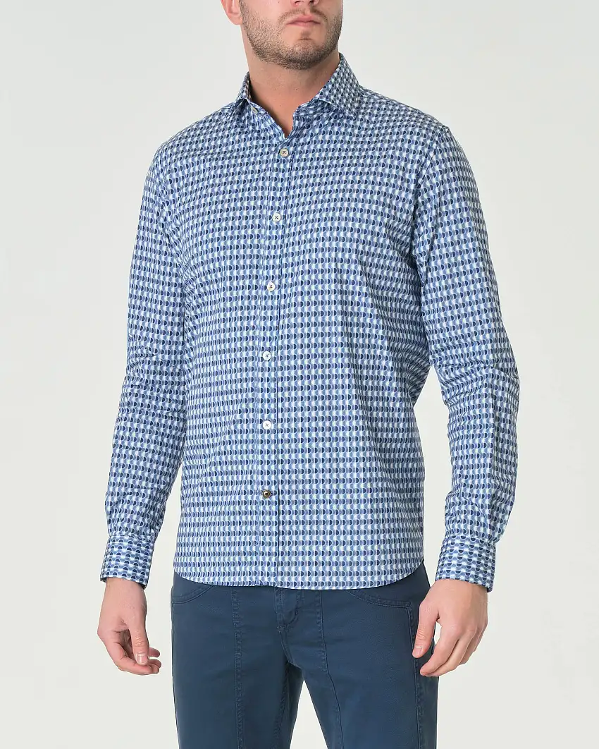 Camicia bianca azzurra e blu in cotone stretch a fantasia onde