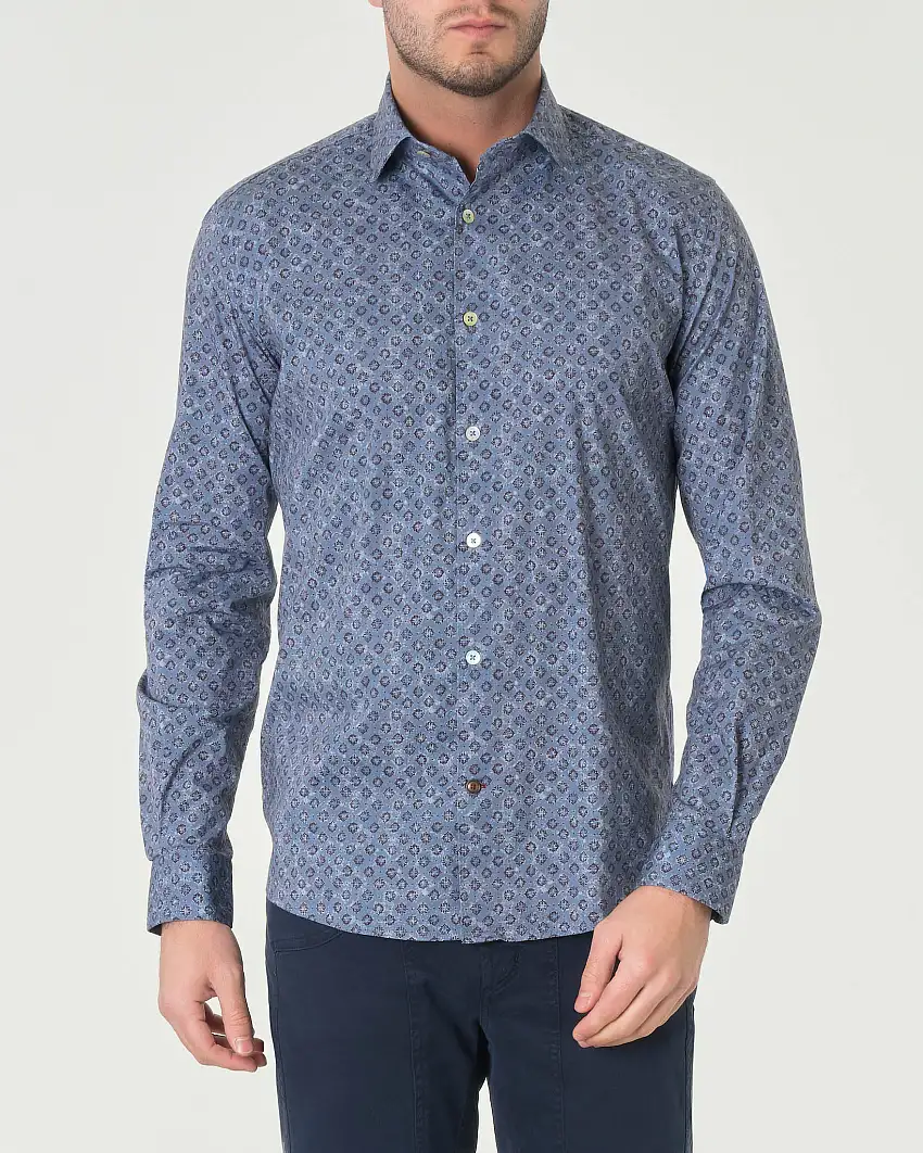 Camicia blu in cotone stretch a micro fantasia floreale d'ispirazione etnica