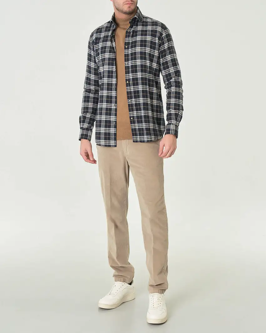 Camicia blu in flanella di puro cotone a fantasia check bianca e cammello