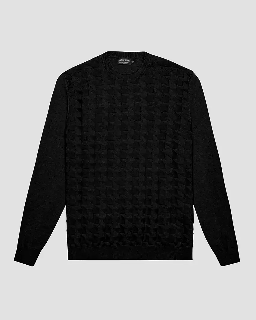 Maglia nera girocollo in misto cotone e lana con pannello frontale jacquard