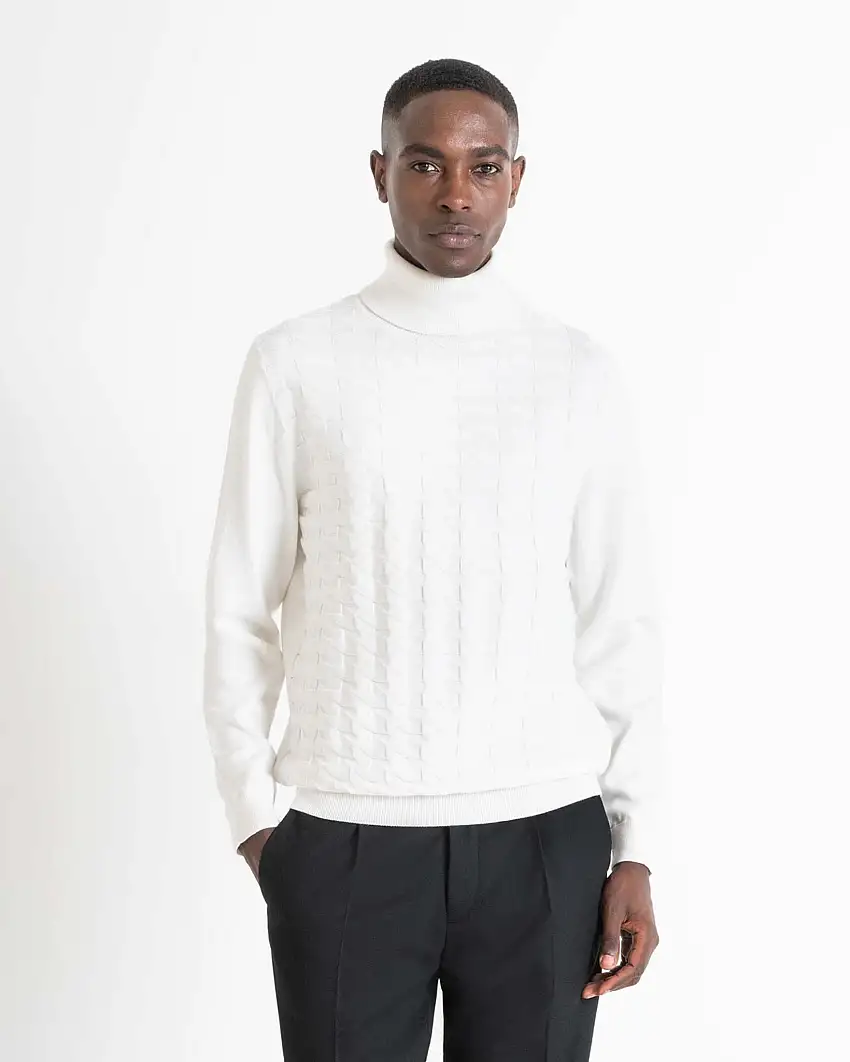 Dolcevita bianco girocollo in misto cotone e lana con pannello frontale jacquard