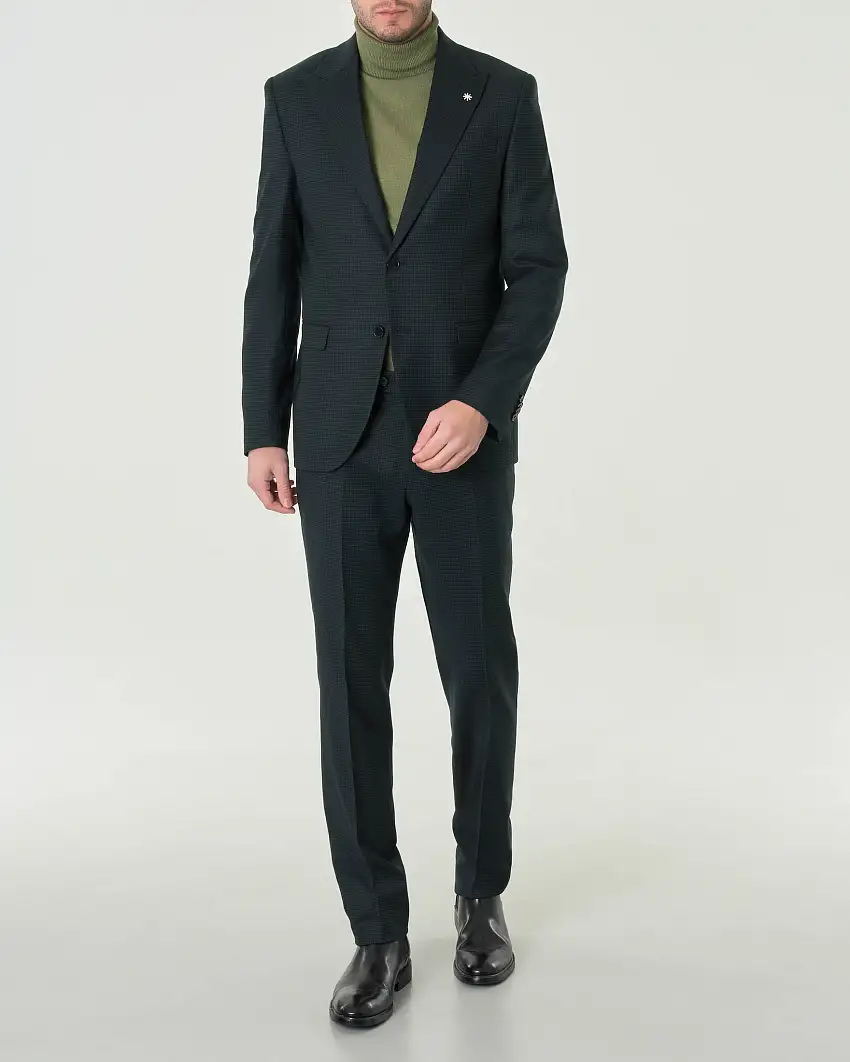 Abito monopetto verde scuro slim-fit in tela di lana stretch micro quadretto con rever a lancia