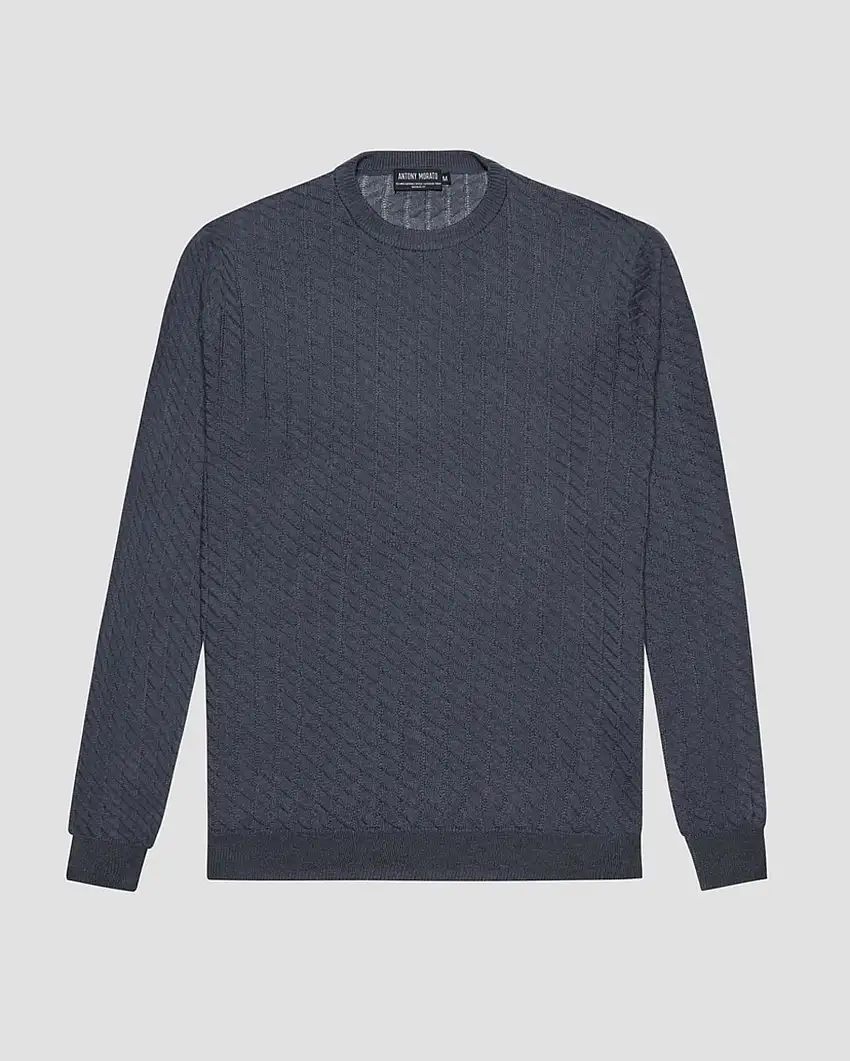 Maglia grigio antracite girocollo in misto lana e viscosa con lavorazione geometrica