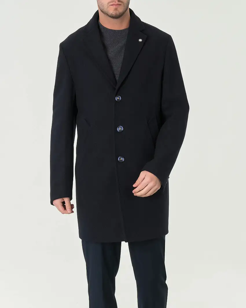 Cappotto monopetto blu slim-fit in tessuto diagonale di misto lana