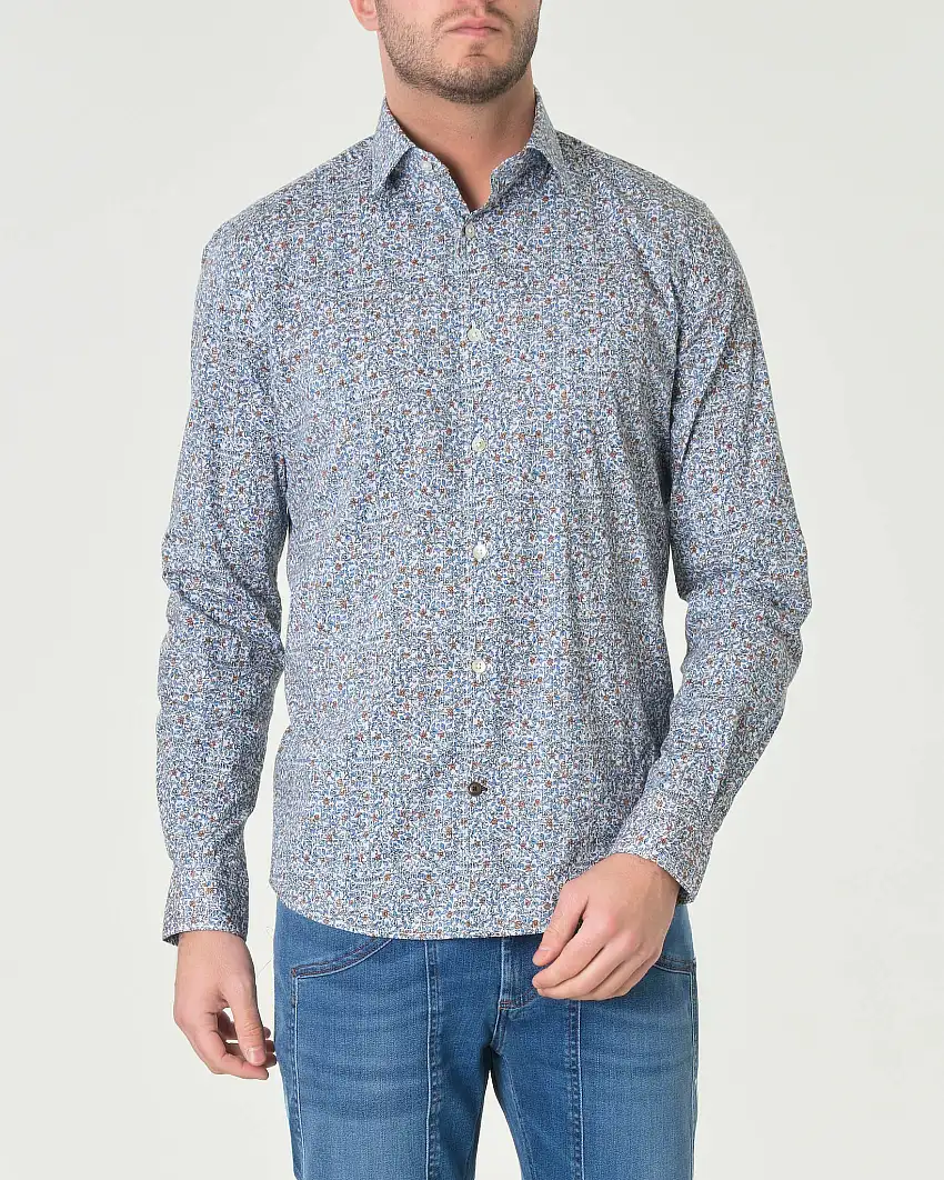 Camicia bianca in cotone stretch a fantasia floreale azzurra e arancio