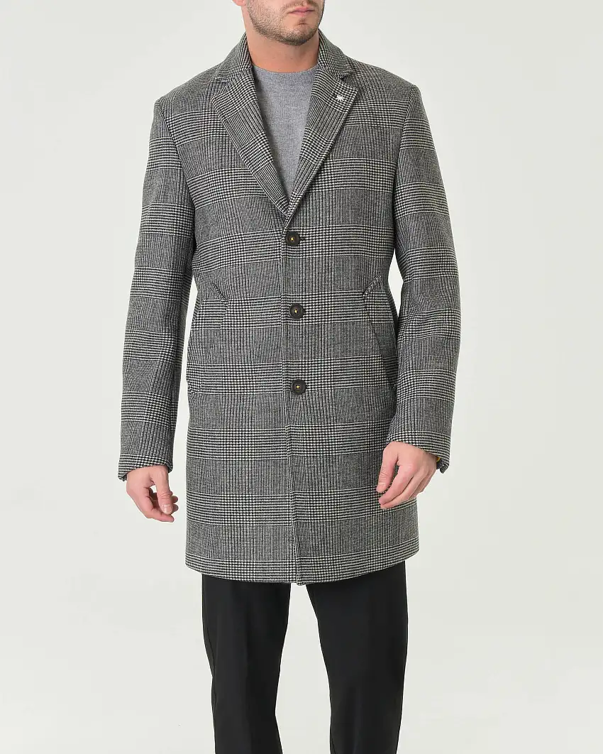 Cappotto monopetto slim-fit in Principe di Galles bianco e nero di misto lana