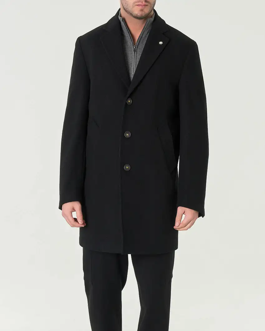 Cappotto monopetto nero slim-fit in tessuto diagonale di misto lana