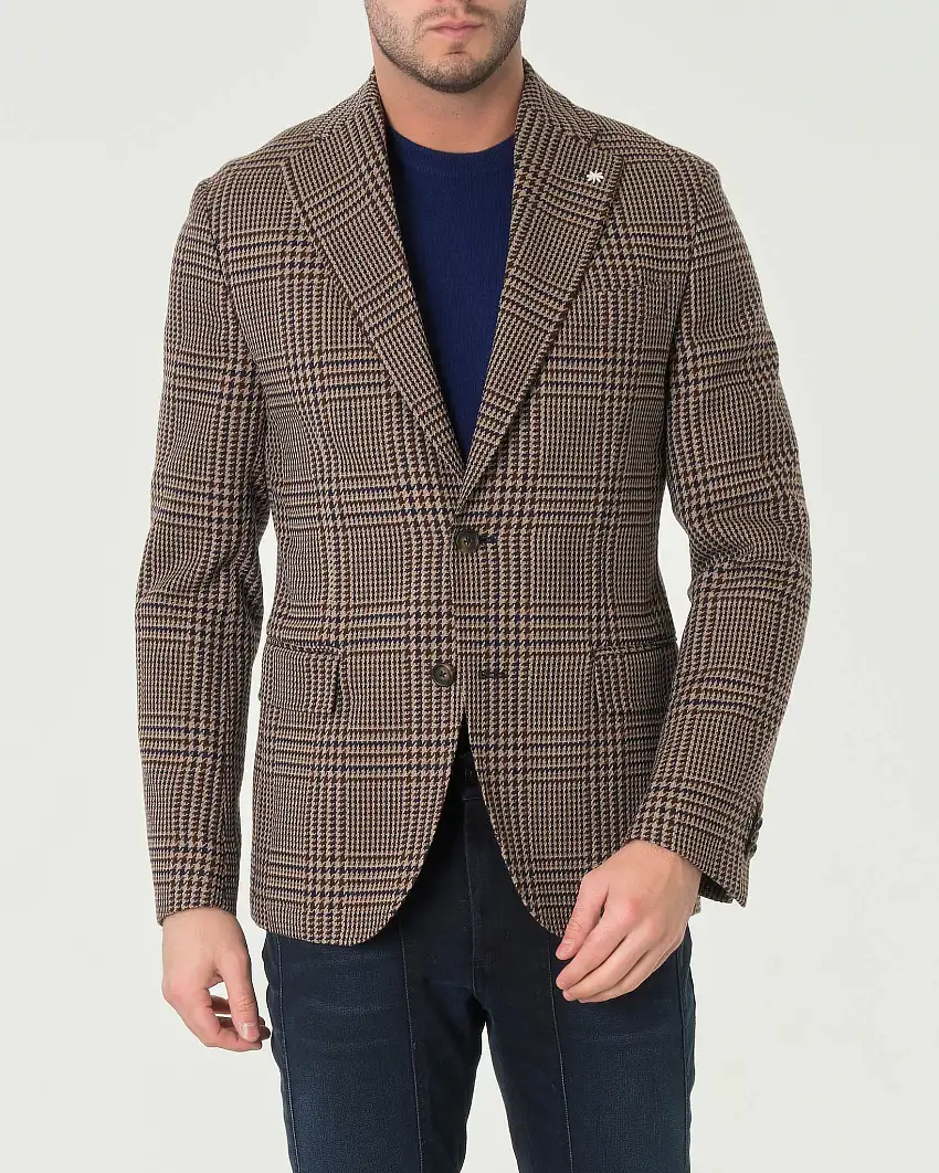 Blazer monopetto marrone e noce slim-fit in Principe di Galles di lana e cotone