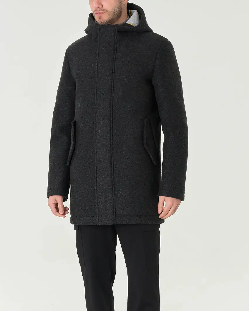 Parka grigio con cappuccio in panno di lana accoppiata con chiusura a cerniera nascosta