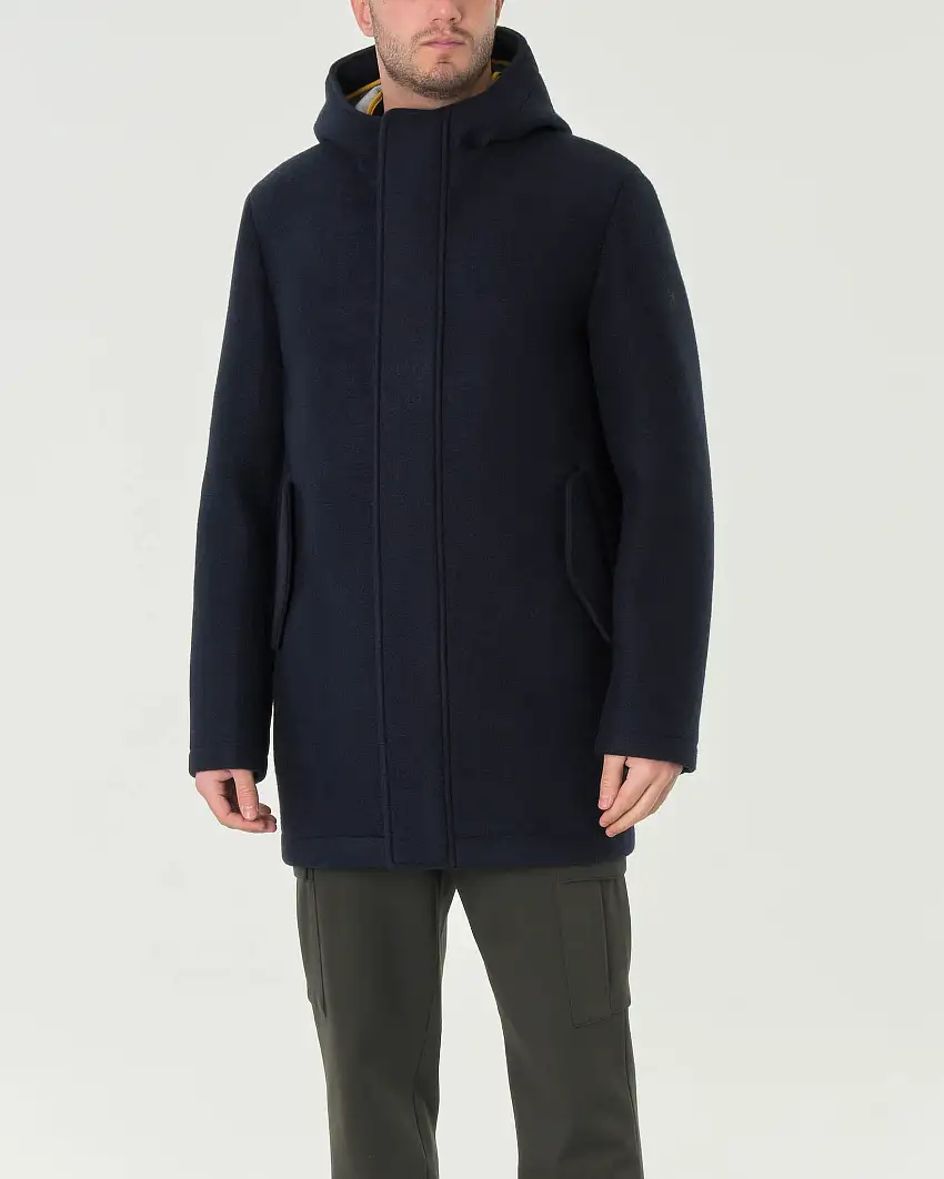Parka blu con cappuccio in panno di lana accoppiata con chiusura a cerniera nascosta