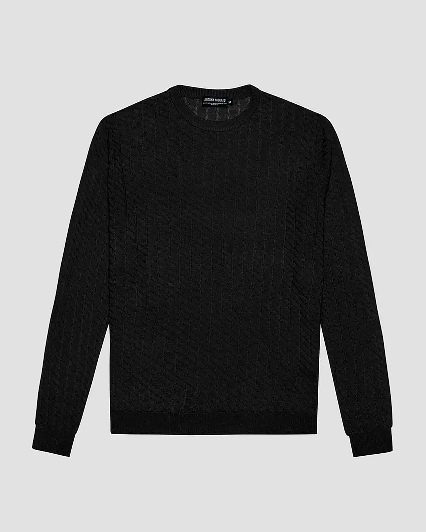 Maglia nera girocollo in misto lana e viscosa con lavorazione geometrica