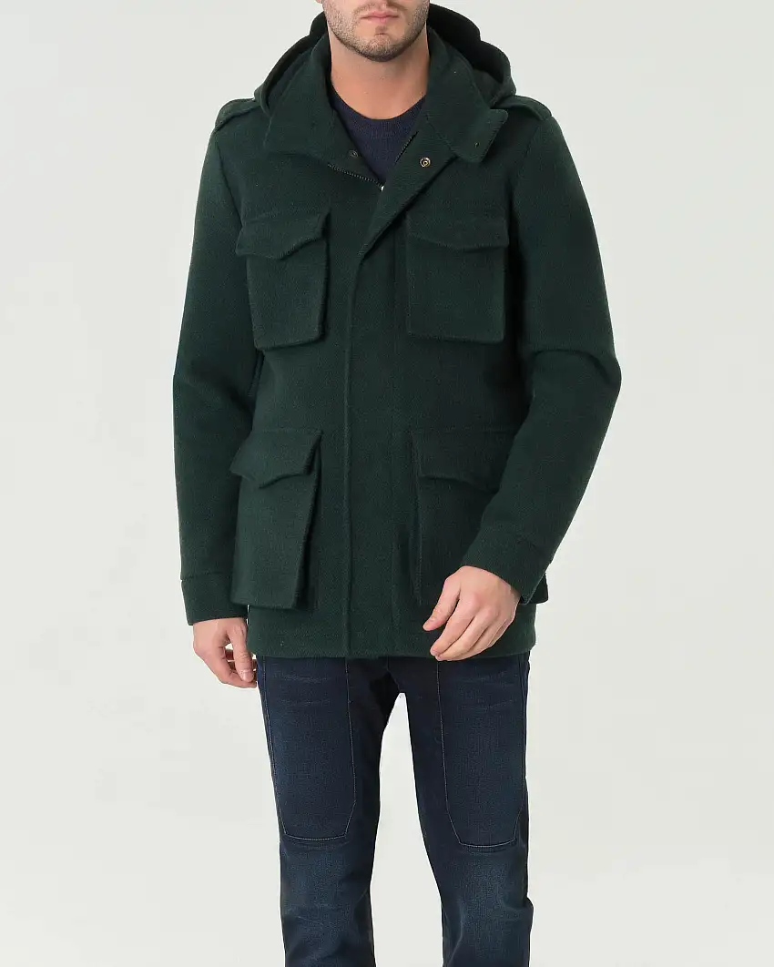 Field Jacket verde scuro in panno di lana accoppiata con cappuccio