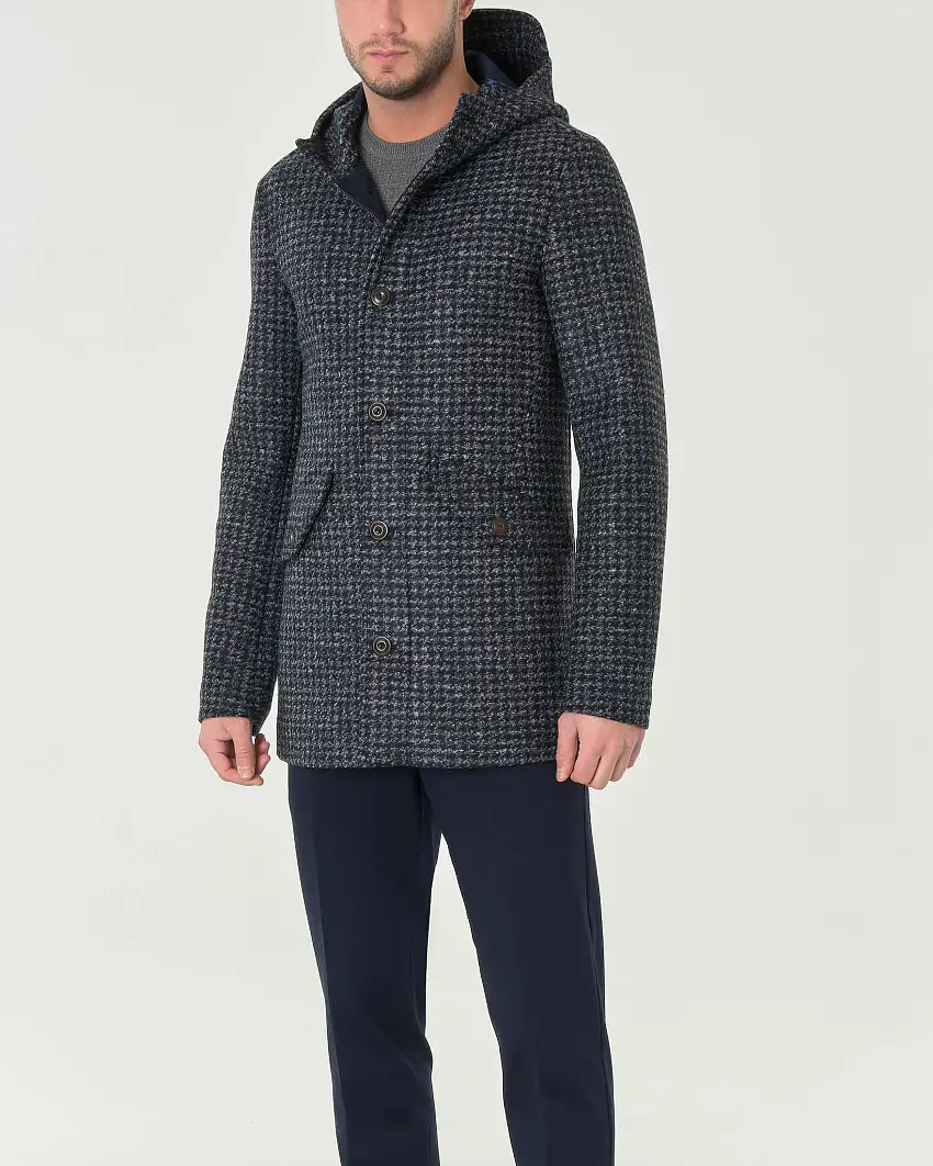 Cappottino pied de poule blu e grigio in panno di misto lana stretch con cappuccio