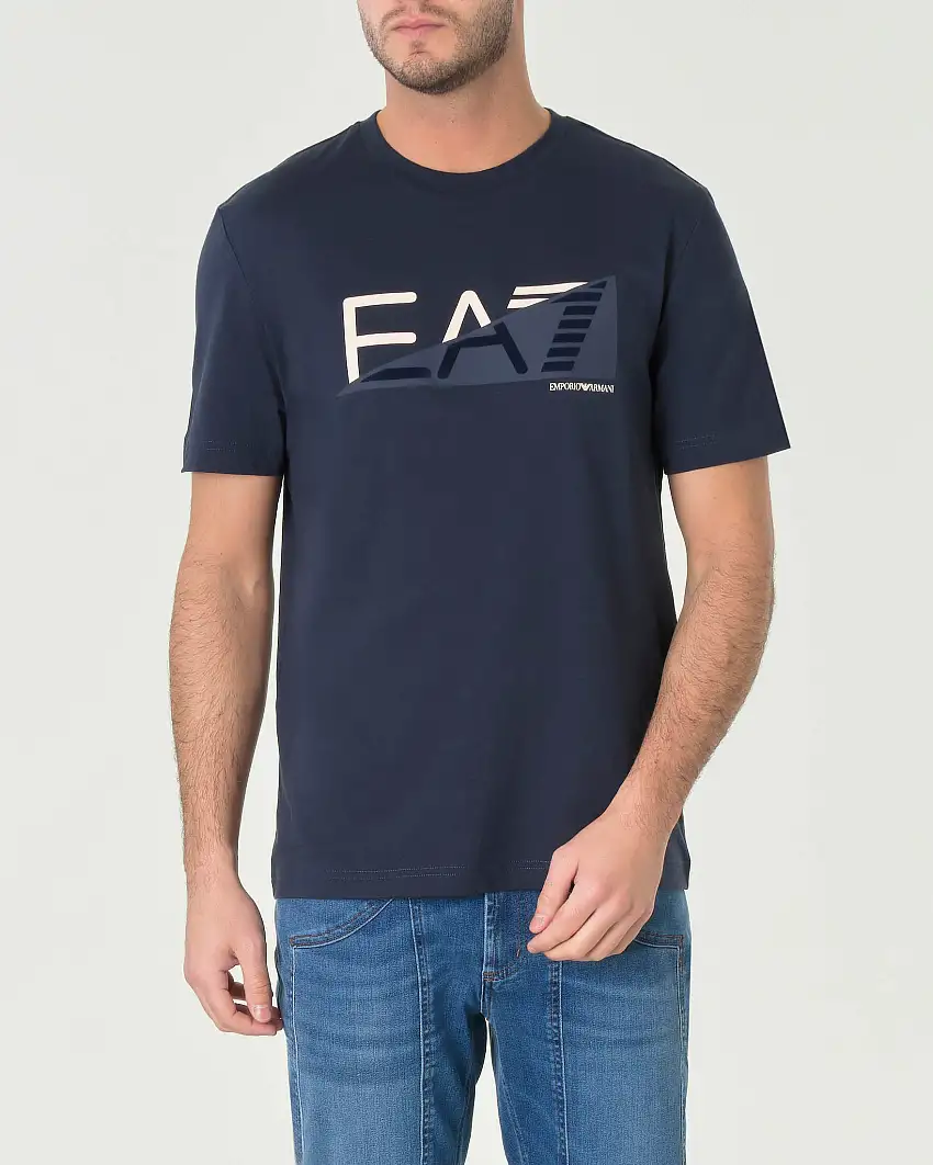 T-shirt blu mezza manica con logo bicolore davanti