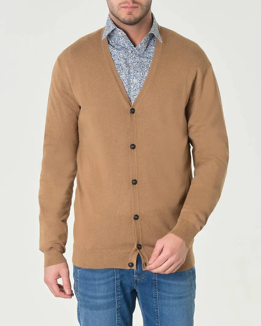 Cardigan cammello tinta unita in maglia di viscosa