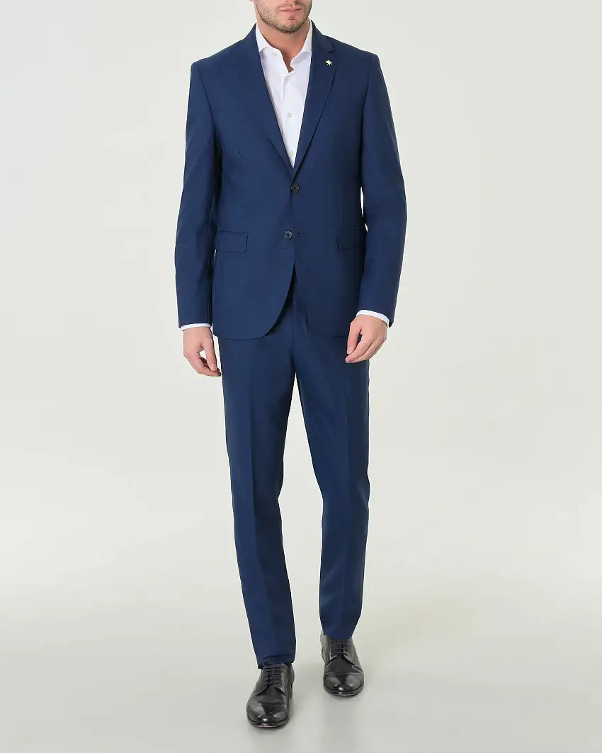 Abito monopetto blu indaco slim-fit in tela di misto lana