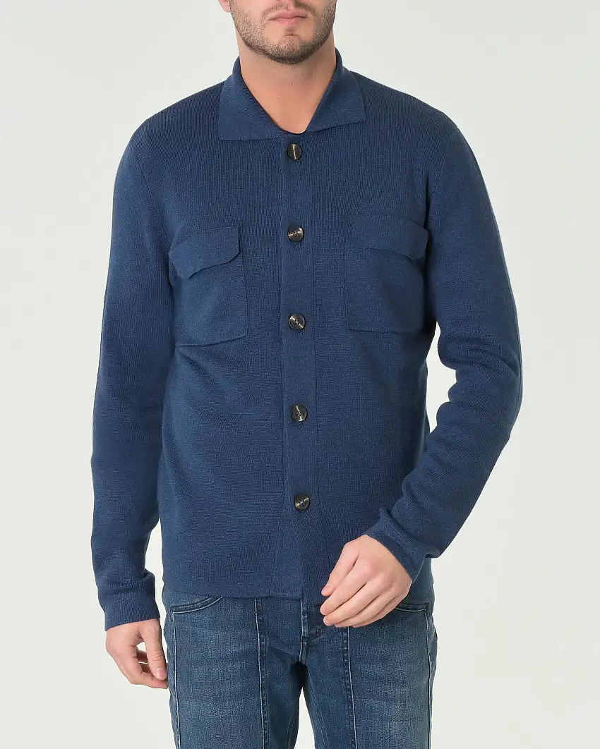 Cardigan blu indaco in maglia punto Milano di misto lana con colletto e camicia e tasconi sul petto