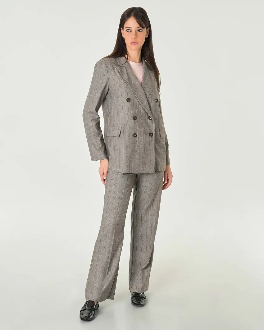 Giacca doppiopetto in misto viscosa a fantasia spinata marrone e grigio