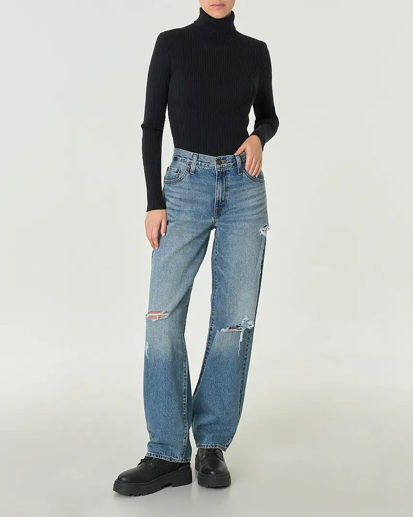 Jeans baggy in cotone e lyocell blu super stone washed con rotture lungo le gambe