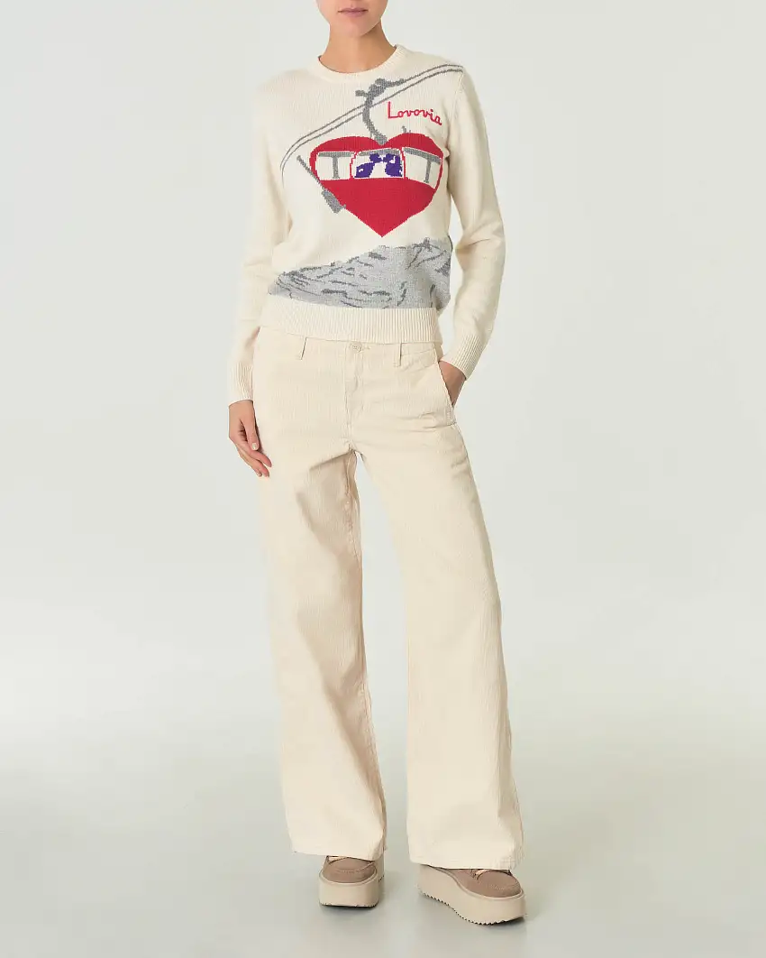 Maglia bianca in misto lana viscosa e cashmere con disegno cartolina jacquard e scritta logo Lovovia