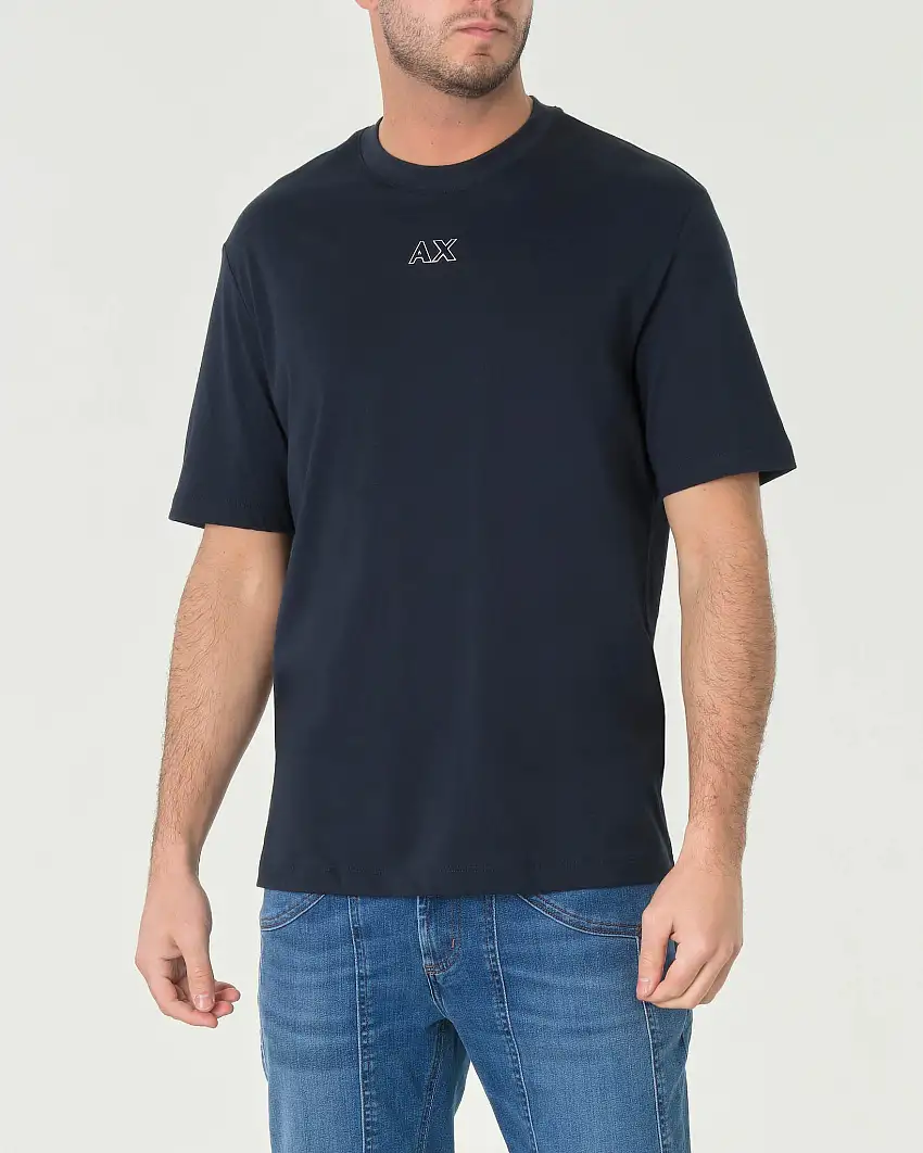 T-shirt blu mezza manica con logo piccolo AX davanti e scritta logo sul retro