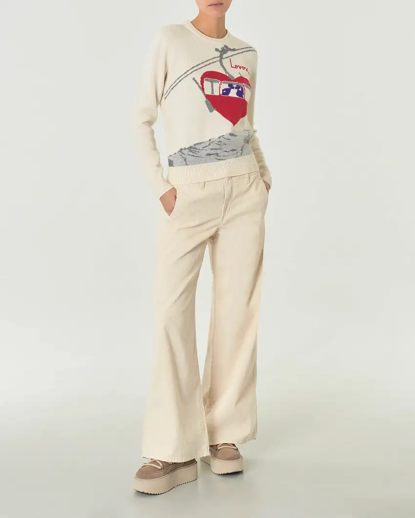 Pantaloni color panna in cotone dalla linea wide in velluto a righe