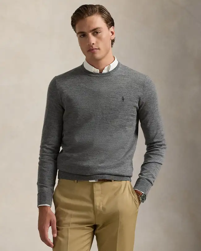 Maglia Polo Ralph Lauren grigia girocollo in pura lana merino con logo pony ricamato in tono sul petto