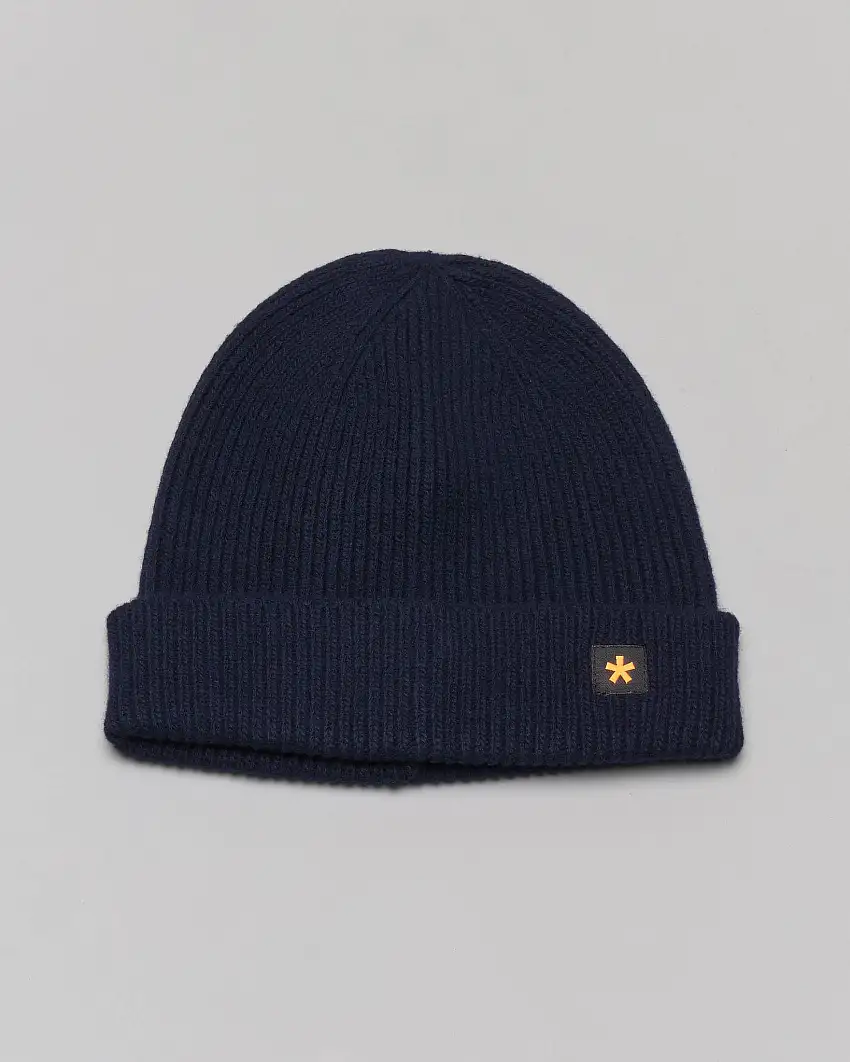 Berretto My Stuff blu in misto lana a costine con risvolto e patch porta logo